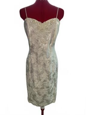 Ivory Damask Jacquard Cocktail Dress with Beaded Applique
